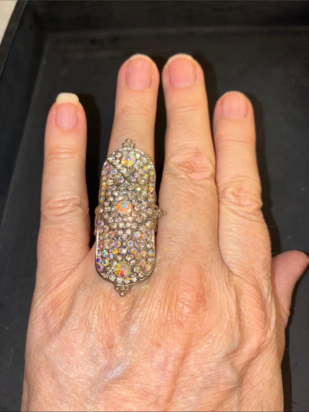 Crystal Pavé Long Cocktail Stretch Ring - Gold Tone, Multicolor Stones